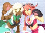  2girls ahoge animal_ears apron artist_request bear_ears blonde_hair blue_eyes bowtie breasts cleavage cosplay dark_skin detached_collar elphelt_valentine guilty_gear highres huge_ahoge kemonomimi_mode maid_headdress midriff multiple_girls necktie paw_pose pink_hair ramlethal_valentine siblings sisters waist_apron yellow_eyes yuri_kuma_arashi 