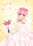  1girl blush bouquet breasts dress flower headphones highres large_breasts long_hair looking_at_viewer nitroplus open_mouth pink_hair red_eyes rose smile solo super_sonico veil wedding wedding_dress white_dress 