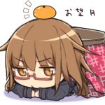  1girl brown_hair food fruit haruyuki_(yukichasoba) kantai_collection kotatsu long_hair lying mandarin_orange mochizuki_(kantai_collection) on_stomach orange_eyes solo table 