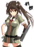  1girl adapted_costume bob_cut breasts brown_eyes brown_hair diagonal dress hair_between_eyes hair_ribbon kantai_collection long_hair looking_at_viewer ribbon short_dress single_elbow_glove single_thighhigh smile solo thigh-highs tone_(kantai_collection) twintails 