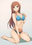  1girl barefoot bikini breasts brown_hair cleavage feet green_eyes gundam gundam_build_fighters gundam_build_fighters_try highres kamiki_mirai large_breasts long_hair navel parted_lips revision sitting smile solo strap_gap strap_pull swimsuit wariza yuugiri 