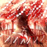  1girl artist_name ascot backlighting bow brown_hair cherry_blossoms closed_eyes cui_(jidanhaidaitang) dappled_sunlight dated detached_sleeves fence forest frilled_bow hair_bow hair_tubes hakurei_reimu happy highres legs light_particles light_rays long_hair nature open_mouth petals red_skirt ribbon-trimmed_skirt ribbon-trimmed_sleeves ribbon_trim rope shimenawa shoes sitting skirt sleeveless smile solo sunlight teeth torii touhou wind 