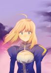  1girl ahoge blonde_hair dress fate/stay_night fate_(series) green_eyes hair_down highres juliet_sleeves long_hair long_sleeves naoko_(juvenile) puffy_sleeves saber solo 