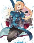  1girl :d arm_up atago_(kantai_collection) black_gloves blonde_hair breasts gloves green_eyes hai_ookami hat highres kantai_collection long_hair looking_at_viewer military military_uniform open_mouth pantyhose smile solo uniform 