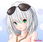  1girl artist_name between_breasts blush chain_necklace close-up collarbone gradient gradient_background green_eyes jewelry looking_at_viewer necklace original parted_lips ranken short_hair silver_hair simple_background solo sunglasses sunglasses_on_head topless 
