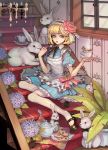  1girl alice_(wonderland) alice_in_wonderland blonde_hair blue_eyes bowtie chandelier cookie food hairband highres holding holding_spoon lolita_hairband open_mouth original plant potted_plant rabbit racoona ribbon short_hair sitting_on_stairs spoon stairs sugar_cube tea thigh-highs white_legwear window 