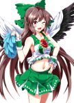  1girl bare_arms bird_wings black_hair black_wings bow breasts cape cheerleader e.o. hair_bow highres large_breasts long_hair midriff navel one_eye_closed open_mouth pom_poms red_eyes reiuji_utsuho skirt skirt_set sleeveless sleeveless_shirt smile solo third_eye touhou very_long_hair wings wrist_cuffs 