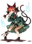  1girl adapted_costume alternate_costume animal_ears back bow braid cat_ears cat_tail dress floral_print frills full_body green_dress hair_bow hair_ornament highres hitodama kaenbyou_rin leg_ribbon long_hair long_sleeves looking_at_viewer looking_back mary_janes multiple_tails pointy_ears puffy_sleeves red_eyes redhead shoes simple_background smile solo tail touhou toutenkou twin_braids white_background wide_sleeves 