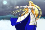  1girl archetype_earth arcueid_brunestud bare_shoulders blonde_hair breasts cleavage detached_sleeves dress field flower flower_field full_moon genesis_sebas large_breasts long_hair melty_blood moon night night_sky red_eyes sky solo strapless_dress tsukihime very_long_hair 