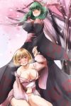  2girls aki_minoriko bare_shoulders between_legs blonde_hair bottomless breasts cherry_blossoms front_ponytail green_eyes green_hair hair_ribbon hand_between_legs heavy_breathing holding_hands japanese_clothes kagiyama_hina kimono large_breasts long_hair multiple_girls navel off_shoulder open_mouth plump red_eyes ribbon short_hair smile touhou wide_sleeves yohane 