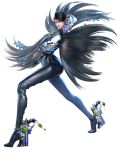  1girl bayonetta bayonetta_(character) bayonetta_2 black_hair bodysuit breasts earrings eyeshadow glasses gloves gun high_heels highres jewelry leotard lips looking_at_viewer makeup necklace one_eye_closed short_hair simple_background smile solo thigh-highs weapon winking 