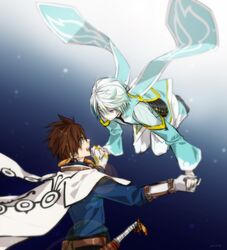  2boys brown_hair cape green_eyes holding_hands maka_(morphine) mikleo_(tales) multiple_boys short_hair sorey_(tales) tales_of_(series) tales_of_zestiria violet_eyes white_hair 