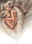  2girls angel_wings closed_eyes horns malu multiple_girls original sheep_horns short_hair silver_hair topless wings 