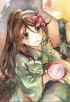  1044kiro 1girl absurdres alcohol amagi_(kantai_collection) brown_eyes brown_hair highres japanese_clothes kantai_collection kimono long_hair mole mole_under_eye ponytail sakazuki sake solo traditional_media watercolor_(medium) 