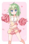  1girl alternate_costume blue_eyes cheerleader contemporary green_hair heart komeiji_koishi komeiji_satori midriff no_hat ominaeshi_(takenoko) pom_poms short_hair skirt smile solo touhou 