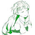  1girl closed_eyes detached_sleeves frog frog_hair_ornament hair_ornament hikuma kochiya_sanae long_hair monochrome simple_background smile snake snake_hair_ornament solo touhou white_background 