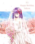  1girl bouquet bridal_veil bride dress elbow_gloves fate/stay_night fate_(series) flower gloves matou_sakura nozakuma3 purple_hair solo veil violet_eyes wedding_dress 