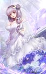  1girl bare_shoulders book breasts cleavage crescent_hair_ornament dress elbow_gloves flower frilled_dress frills gloves hair_ornament highres holding hoshibuchi large_breasts long_dress long_hair patchouli_knowledge purple_hair revision solo touhou violet_eyes wedding_dress 