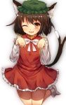  1girl animal_ears blush bow brown_hair cat_ears cat_tail chen earrings fang hat highres jewelry long_sleeves looking_at_viewer nekomata one_eye_closed open_mouth orange_eyes paw_pose shirt shone short_hair simple_background skirt smile socks solo tail touhou white_background 