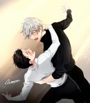  2boys :d ^_^ artist_name black_hair black_shirt blush closed_eyes closed_eyes commentary dancing gearous grey_hair hair_slicked_back hand_around_neck hand_on_another&#039;s_hip katsuki_yuuri long_sleeves male_focus messy_hair multiple_boys open_mouth outstretched_arms profile shirt smile standing symbol_commentary upper_body viktor_nikiforov white_shirt yaoi yuri!!!_on_ice 