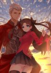  1boy 1girl absurdres archer ass blue_eyes brown_eyes brown_hair fate/stay_night fate_(series) grey_hair highres impossible_clothes impossible_shirt nanahosiryuuki sunset thigh-highs two_side_up 