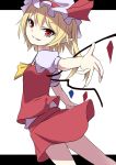  1girl arai_togami blonde_hair flandre_scarlet grin hat hat_ribbon mob_cap outstretched_arms pointy_ears red_eyes ribbon shirt side_ponytail skirt skirt_set smile solo touhou vest wings 