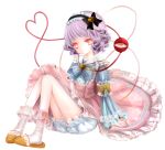  1girl adapted_costume gothic_lolita hairband heart heart_of_string himemurasaki komeiji_satori lolita_fashion long_skirt purple_hair red_eyes short_hair skirt slippers solo third_eye touhou 