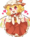  1girl ascot blonde_hair blush bow doraemon_(artist) flandre_scarlet hands_on_own_face hat hat_bow heart heart-shaped_pupils red_eyes solo symbol-shaped_pupils touhou wings wrist_cuffs 