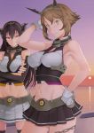  2girls black_hair breasts brown_hair crossed_arms gloves green_eyes hand_on_hip headgear highres kantai_collection large_breasts long_hair mound_of_venus multiple_girls mutsu_(kantai_collection) nagato_(kantai_collection) navel red_eyes saikun2013 short_hair standing thigh-highs water zettai_ryouiki 