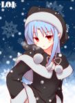  1girl blue_hair capelet hat len long_hair melty_blood pointy_ears red_eyes santa_costume santa_hat shaka-san snowing solo tsukihime 