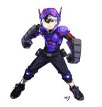  1boy big_hero_6 black_hair full_body grin helmet hiro_hamada knee_pads okada_(hoooojicha) power_suit shoes short_hair shoulder_pads smile sneakers solo superhero vambraces white_background 