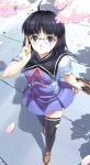  1girl black_hair blue_eyes cherry_blossoms female glasses looking_at_viewer original ribbon school_uniform serafuku short_hair solo source_request thigh-highs uchiu_kazuma zettai_ryouiki 