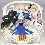  3girls armor armored_dress astarone blonde_hair column crown dark_excalibur dress engrish excalibur fate/stay_night fate/unlimited_codes fate_(series) flower green_eyes multiple_girls multiple_persona pillar ranguage saber saber_alter saber_lily wings yellow_eyes 