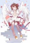  1girl brown_hair cardcaptor_sakura closed_eyes dress feathered_wings kinomoto_sakura nine_(liuyuhao1992) short_hair smile solo wings 