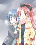  2girls apple arm_hug blue_eyes blush bust food fruit hair_ribbon hands_in_pockets isora jacket long_hair mahou_shoujo_madoka_magica miki_sayaka mittens multiple_girls open_mouth ponytail red_eyes redhead ribbon sakura_kyouko short_hair smile 