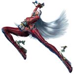  1girl bayonetta bayonetta_2 bodysuit boots earrings full_body glasses glasses_on_head gun handgun high_heels jeanne_(bayonetta) jewelry lipstick long_hair looking_at_viewer makeup official_art quadruple_wielding silver_hair simple_background small_breasts smile solo thigh-highs thigh_boots very_long_hair weapon zipper 