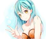  1girl aqua_background aqua_hair bare_shoulders bikini blush breasts bust collarbone floral_print front-tie_bikini front-tie_top gradient gradient_background hair_ornament hairclip highres jacob_dream_world kantai_collection large_breasts long_hair looking_at_viewer orange_bikini smile solo strapless_swimsuit suzuya_(kantai_collection) swimsuit yellow_eyes 