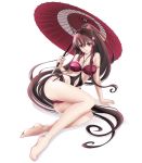  1girl breasts brown_eyes brown_hair hair_ornament kantai_collection long_hair omone_chou oriental_umbrella ponytail simple_background solo swimsuit umbrella yamato_(kantai_collection) 