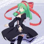  1girl adapted_costume alternate_costume aqua_eyes black_legwear blush bow cato_(monocatienus) front_ponytail garter_straps green_hair hair_bow hina_(yatagarasu) juliet_sleeves long_sleeves looking_at_viewer puffy_sleeves shirt skirt skirt_set solo thigh-highs touhou wide_sleeves zettai_ryouiki 