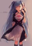  1girl aqua_eyes blue_hair dress hair_ribbon hatsune_miku kneehighs long_hair ribbon solo very_long_hair vocaloid yasiromann 