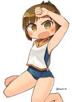  1girl :d blush brown_eyes brown_hair covered_navel hand_on_own_head i-401_(kantai_collection) kantai_collection nanatsuta open_mouth ponytail sailor_collar school_swimsuit sitting sleeveless sleeveless_shirt smile swimsuit swimsuit_under_clothes twitter_username wariza white_background 