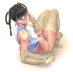  1girl bare_shoulders barefoot bespectacled black_hair braid dead_or_alive detached_pants detached_sleeves glasses homare_(fool&#039;s_art) lei_fang looking_back panties pink_panties simple_background sitting solo twin_braids underwear white_background 