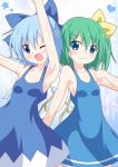 2girls adapted_costume armpits arms_up bare_arms bare_shoulders blue_eyes blue_hair breasts cirno clenched_hand collarbone daiyousei dress fairy_wings gradient gradient_background green_hair hair_ribbon heart kagerou_(kers) looking_at_viewer multiple_girls one_eye_closed open_mouth ribbon short_hair side_ponytail sideboob smile star sundress touhou wings 