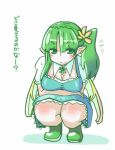  1girl bow daiyousei dress green_eyes green_hair ribbon short_hair shouningyou side_ponytail smile solo squatting touhou translation_request wings 