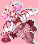  1girl alternate_hairstyle animal_ears bow dress megaphone mystia_lorelei no_hat pink_hair short_hair shouningyou smile solo thigh-highs touhou twintails violet_eyes wings 