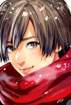  androgynous brown_eyes brown_hair character_request face lips looking_at_viewer nose okada_(hoooojicha) red_scarf scarf short_hair snow solo 