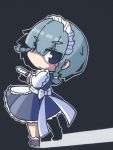  1girl blue_eyes bow braid chibi izayoi_sakuya knife maid maid_headdress short_hair shouningyou silver_hair solo touhou twin_braids 