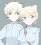  2girls between_breasts blonde_hair blue_eyes blush breasts green_eyes hanna_wind head_wings heart large_breasts long_sleeves looking_at_viewer lowres multiple_girls nikka_edvardine_katajainen ribbed_sweater shimada_fumikane short_hair simple_background smile strap strike_witches sweater weasel_ears 