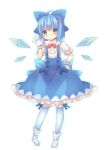  1girl adapted_costume alternate_costume blue_eyes blue_hair blue_legwear blush bow cirno fairy frills full_body gloves hair_bow hair_ornament ice ice_wings kneehighs looking_at_viewer pjrmhm_coa puffy_sleeves ribbon shirt short_hair short_sleeves simple_background skirt smile solo teeth touhou white_background white_gloves wings 
