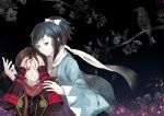  2boys bird black_hair blue_eyes brown_hair gauntlets kashuu_kiyomitsu long_sleeves multiple_boys ponytail red_eyes scarf smile socha touken_ranbu trap wide_sleeves yamato-no-kami_yasusada 